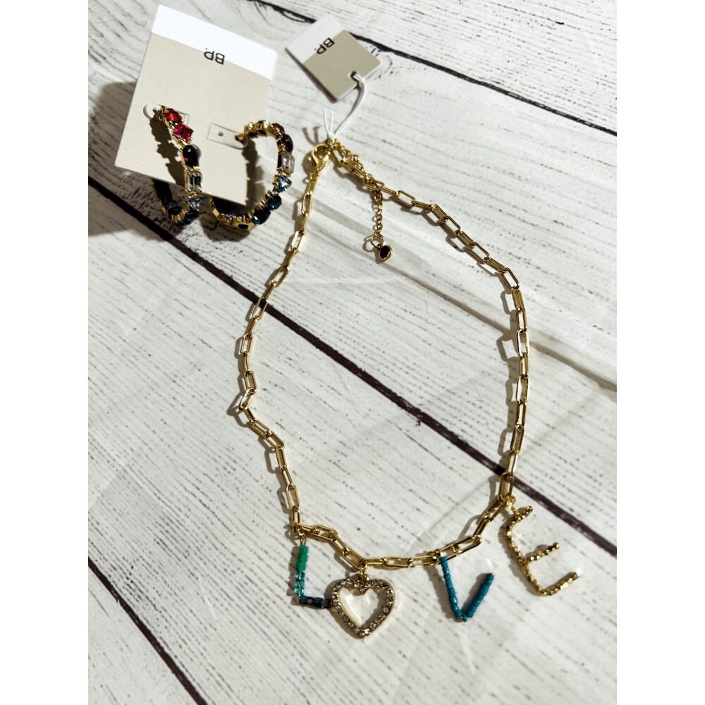 BP. Gold Plated LOVE Chain Link Necklace with Jeweled Hoop Earrings